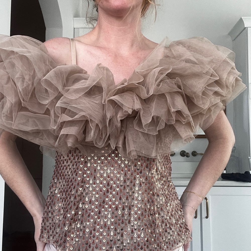 Formal Nude Dramatic Ruffled Sequence Blouse - image 4